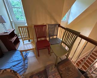 #58 Set of 4 Distressed Painted Wood Chairs - yellow, red, blue and green $100.00