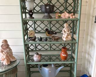 #197 Green Painted Ratan 5 Glass Shelf Display Cabinet - 34x13x72 - $125.00