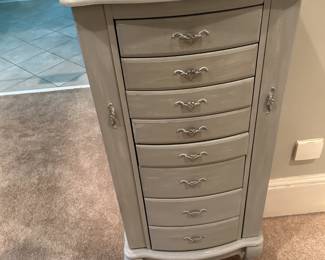 #143 Sea Salt Distressed Painted Jewelry Armoire w/8 Drawers & Flip-out Sides & Flip-up top - 18x14x40 $100.00