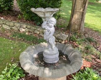 #225 4 piece concrete fountain with statue in middle as is need pump 43x51 $250.00 YOU MOVE