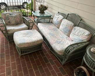 #199 Rattan Sofa (as is bottom straps need replacing) w/cushions - 71" Wide, w/side chair & ottoman (all as is) $75.00