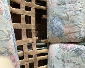 #199 Rattan Sofa (as is bottom straps need replacing) w/cushions - 71" Wide, w/side chair & ottoman (all as is) $75.00