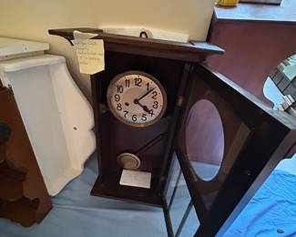 #64 Gunman Wood Recently Refurbished Wall Clock w/pendulum w/key - 1920s - 15x7.5x28 $120.00