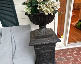 #213 Black Metal Base w/Black Urn on Top - 18square x 32, urn Pot - 17" Tall - You Move $250.00