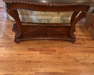 #19 Wood Sofa table w/Glass Beveled Top and bottom Shelf w/claw feet - 50x18x30 $125.00