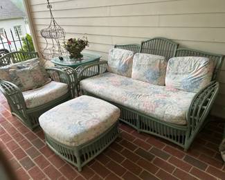 #199 Rattan Sofa (as is bottom straps need replacing) w/cushions - 71" Wide, w/side chair & ottoman (all as is) $75.00