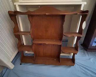 #66 Wood Display Shelf w/3 side shelves & 1 center shelf w/plate rack - 27x4x24 $30.00