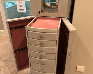 #143 Sea Salt Distressed Painted Jewelry Armoire w/8 Drawers & Flip-out Sides & Flip-up top - 18x14x40 $100.00