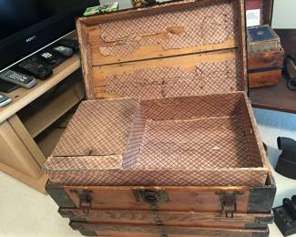 #92 Antique Child Wood/Strap Restored Flat Top Steamer Trunk - 27Lx15.5Dx18H $100.00