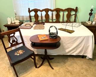 Full Size Hearboard, Needlepoint Chair - Pedestal Table - Twin Mattress, Box Spring & Frame 