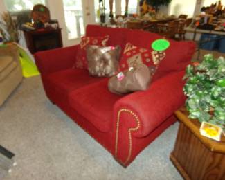 Red Love Seat Sofa and Pillows