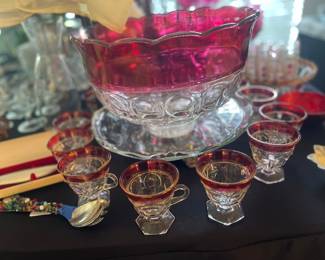 Vintage Indiana Glass Kings Crown Cranberry/Ruby Punch Bowl with Footed cups
