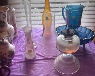 Hand blown glass vase, Carnival glass, and antique lamp.