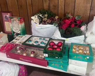Glass Christmas tree balls and wreaths.