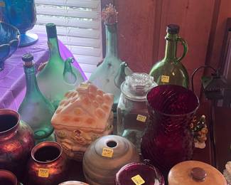 Hand blown wine bottles and other collectables.