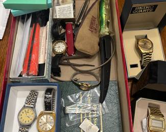 Some watches, knives, miniature figurines, odds & ends, etc.