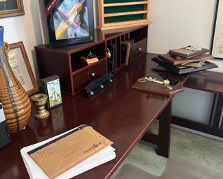 Really sharp L Shape Extension Desk w Hutch. There is also a KeyBoard Pullout Extension. To complete the perfect office there are two file drawers and a storage shelf! We have a 5 shelf matching Bookcase .