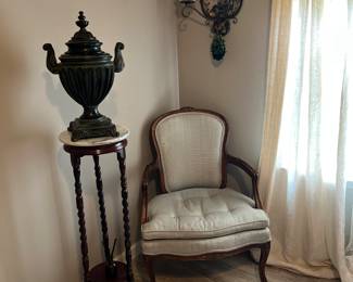 Pair resin black urns, marble/wood plant stand, vintage side chair in great condition!