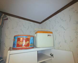 Vintage tin & “Lil” Oscar ice chest - cabinet