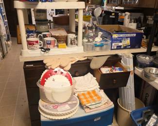 Kitchen again! Crackers soup handled cups, miscellaneous oven items, other cups, gadgets, S/P shakers, more lasses sets, vintage coffee maker, kitchen towels & more!