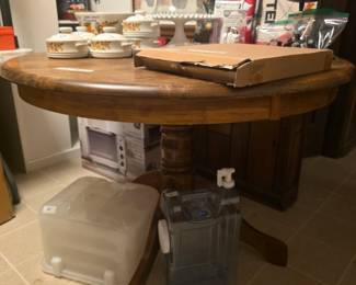 Round wood table - no chairs, plastic items, large glass jar, dishes set, oval platter in box