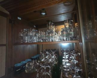 China cabinet - Christmas mug set, etched glass stemmed set, Christmas mugs with handles, Dryden Daniel mugs, Fostoria silver rimmed glassware
