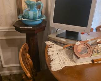 Lovely pitcher & bowl set., wooden stand, picture on wall