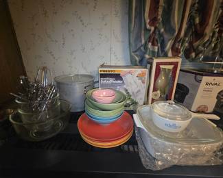 Mixing bowls & mixer parts, large pot with lid, Corning ware, vintage colored plates & bowls, oil lamp shade, Rival crock pot