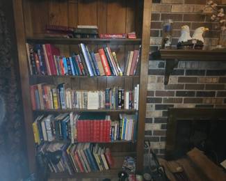 Left side of fireplace: books, weights, & miscellaneous