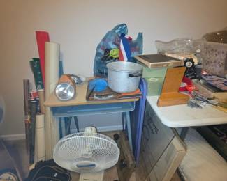 Pillow, fan, suitcase, wrapping paper & small desk