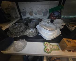 More kitchen items including Pyrex with & without lids, soup bowls, cut glass bowls & platters, vintage spoon rest, coffee holder, knife block & picture