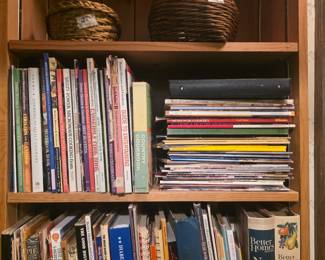 Bookshelf with baskets, cookbooks,magazines & pamphlet's