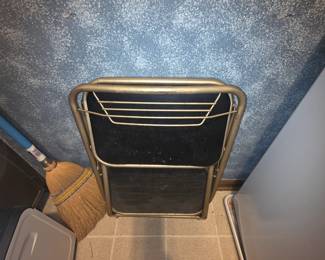 Fold out step stool, broom