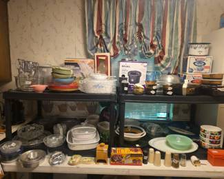 Mixer with bowl, dishes, Corning ware, Rival deep fryer, salad shooter, crock pot, Pyrex baking dishes (rectangular) & bowls w/lids on top shelf and more at bottom!