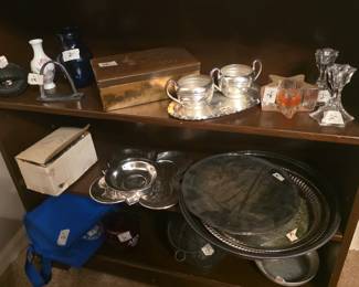 Bud vases, silver plate serving dish, silver plate lazy Susan