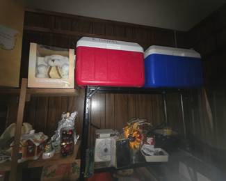 Garage - ice chests, bear in box, Christmas items, scale, decor