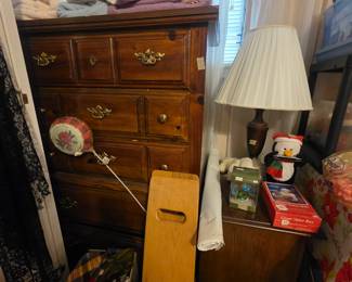 Bedroom - Chest, linens, lamp, night stand, box of ties, shorts & lots more!