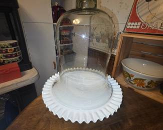 Milk glass cake stand with cloche