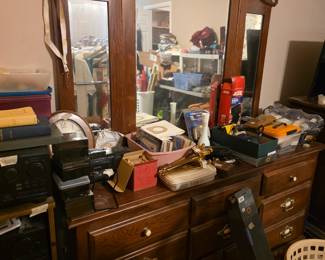Bedroom - dresser with tall sectional mirror lock, and collectibles