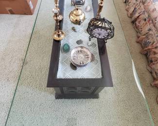 HU151Glass Top Coffee Table, Candlesticks, Clock