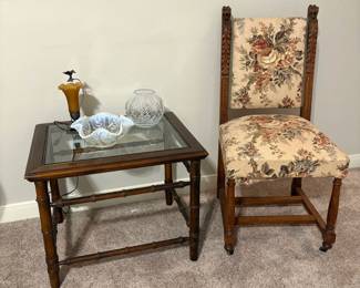 ANTIQUE LIONS HEAD NEO-RENAISSANCE CARVED CHAIR CIRCA 1800s AND GLASS TOP SIDE TABLE.