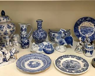 PORCELAIN BLUE AND WHITE VASES, FIGURINES AND MORE.