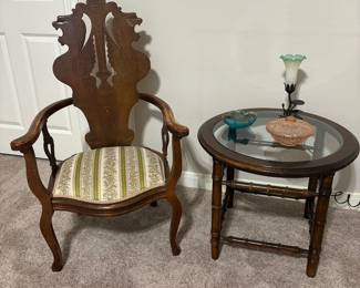 GORGEOUS ANTIQUE GRIFFIN BACK ARMCHAIR AND GLASS TOP SIDE TABLE.