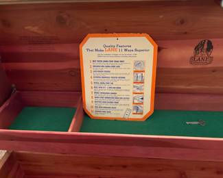 WONDERFUL VINTAGE LANE CEDAR CHEST WITH ORIGINAL STICKERS AND KEY.