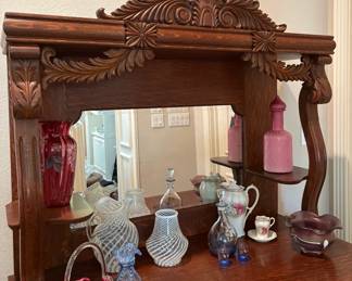 ABSOLUTELY STUNNING ANTIQUE SIDEBOARD BUFFET. WITH A SWEET COLLECTION OF VINTAGE FENTON ARTGLASS.