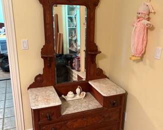 FLAT GORGEOUS ANTIQUE CIRCA 1890s EASTLAKE MARBLE DROP WELL DRESSER.