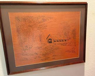 VERY NICE FRAMED WOOD BURN ART THE BRIDGES OF MADISON COUNTY.