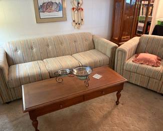 Vintage Sofa and Matching Chair w/ Solid Wood Coffee Table