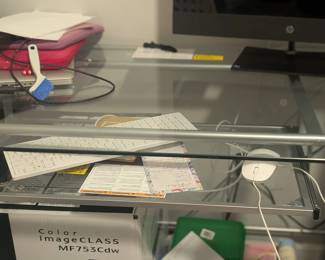 Realspace Vista Glass 76" L-shaped corner desk Silver