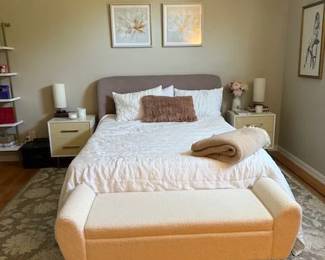 Master Bedroom with West Elm Raffia Nightstands, a matching dresser and West Elm Lana Storage Bed